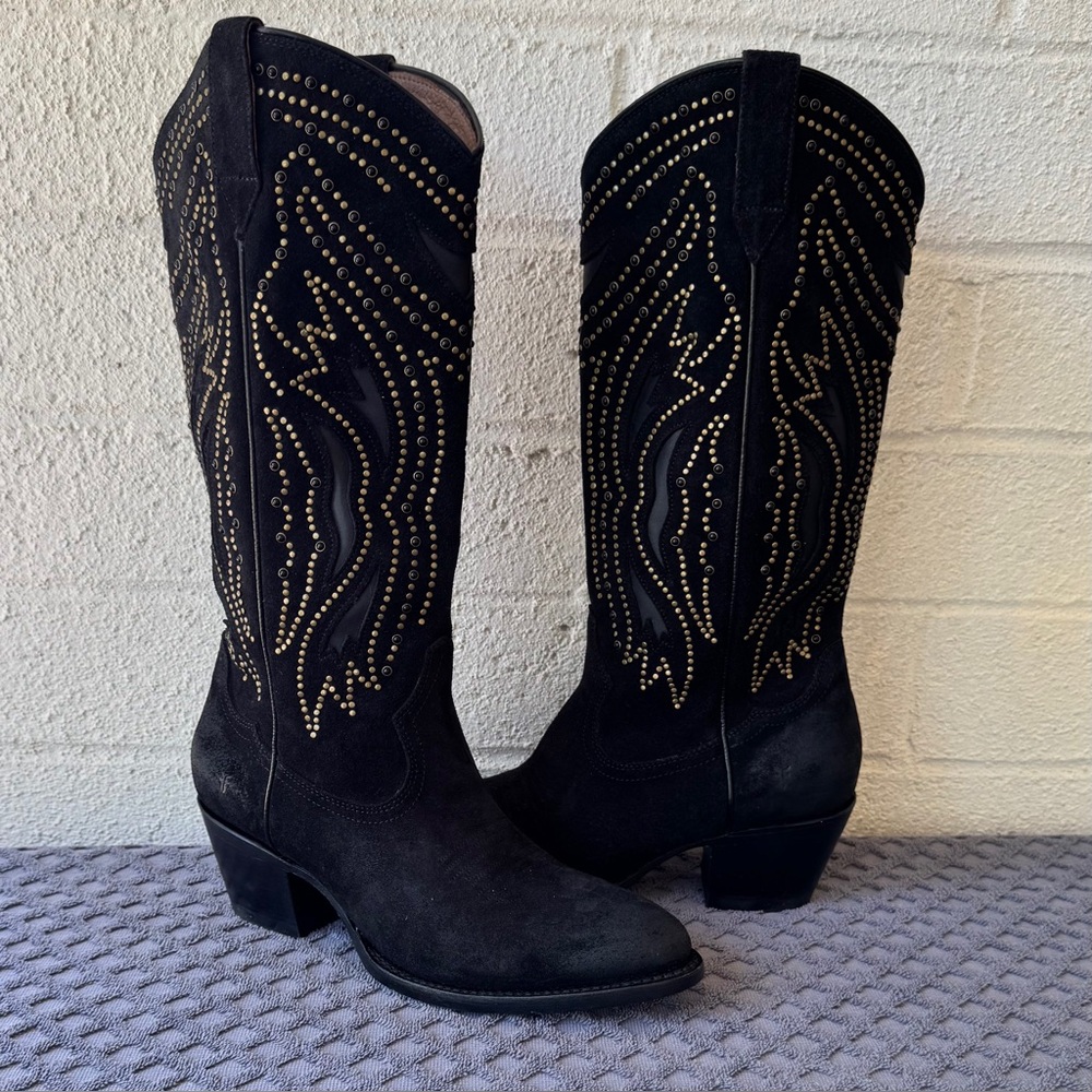 Frye Shelby Studded Black Leather Western Boots Size 10